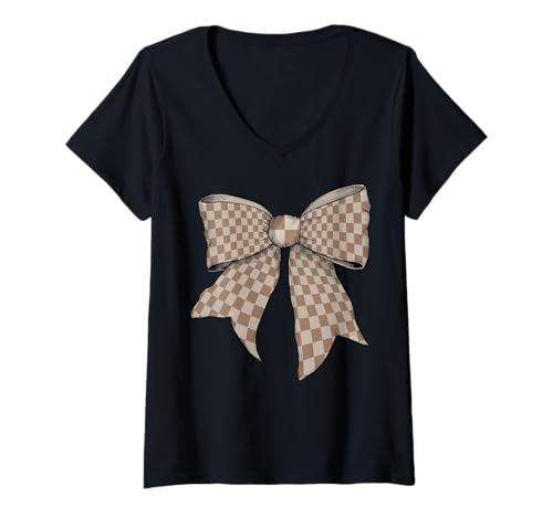 Damen Karierte große Schachbrettschleife Pastellbraun Mädchen Kokette T-Shirt mit V-Ausschnitt von Womens Coquette Bow Checkered Checkerboard Gifts