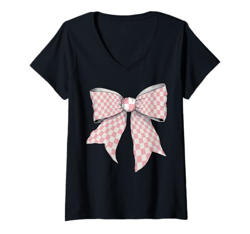 Damen Karierte rosa Muster Pastell Mädchen Kokette Schleife T-Shirt mit V-Ausschnitt von Womens Coquette Bow Checkered Checkerboard Gifts