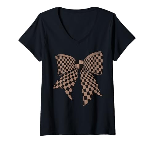 Damen Kariertes Schachbrett Schwarz Braun Vintage Mädchen Kokette Schleife T-Shirt mit V-Ausschnitt von Womens Coquette Bow Checkered Checkerboard Gifts