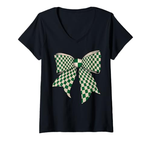 Damen Kariertes Schachbrett Weiß Creme Grün Mädchen Kokette Schleife T-Shirt mit V-Ausschnitt von Womens Coquette Bow Checkered Checkerboard Gifts