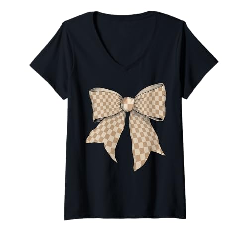 Damen Kariertes großes Schachbrett Hellbeige Mädchen Kokette Schleife T-Shirt mit V-Ausschnitt von Womens Coquette Bow Checkered Checkerboard Gifts