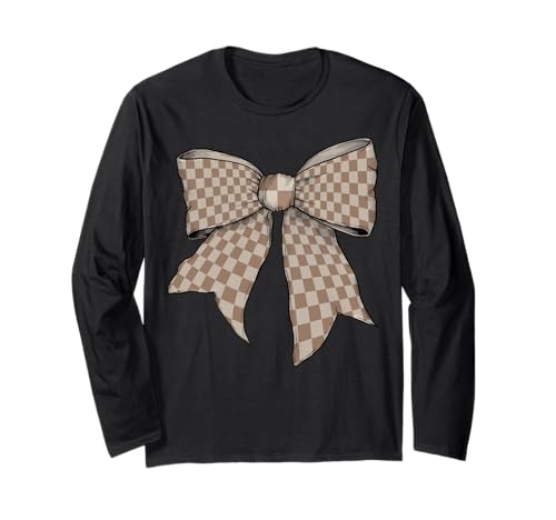 Karierte große Schachbrettschleife Pastellbraun Mädchen Kokette Langarmshirt von Womens Coquette Bow Checkered Checkerboard Gifts
