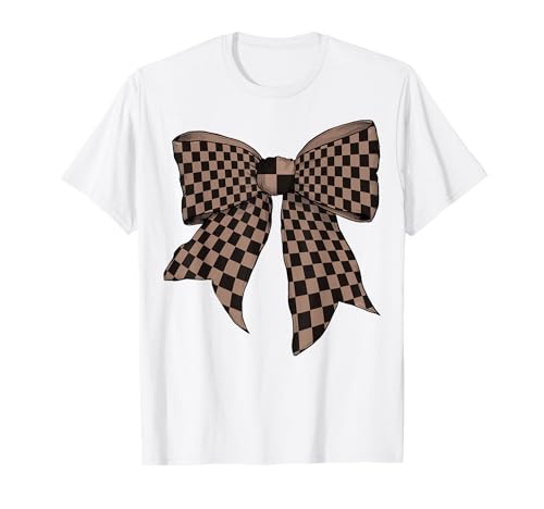 Kariertes Schachbrett Schwarz Braun Vintage Mädchen Kokette Schleife T-Shirt von Womens Coquette Bow Checkered Checkerboard Gifts