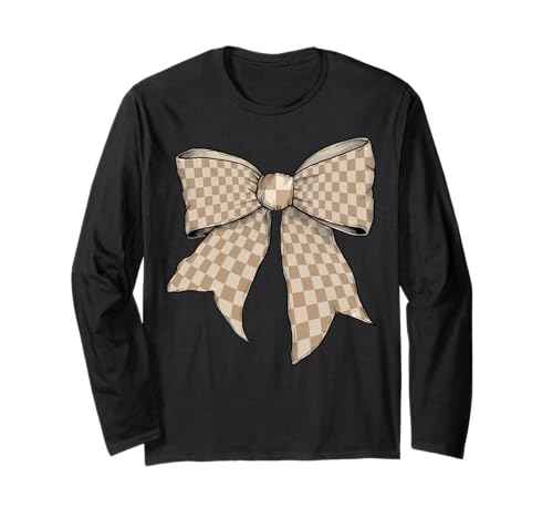 Kariertes großes Schachbrett Hellbeige Mädchen Kokette Schleife Langarmshirt von Womens Coquette Bow Checkered Checkerboard Gifts