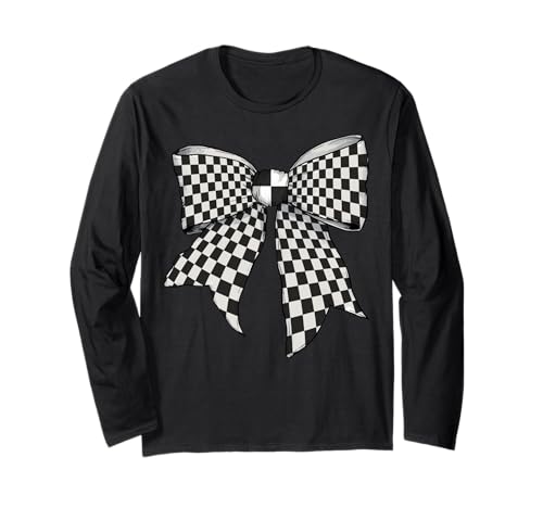 Kariertes schwarz-weißes Muster Mädchen Kokette Schleife Band Langarmshirt von Womens Coquette Bow Checkered Checkerboard Gifts