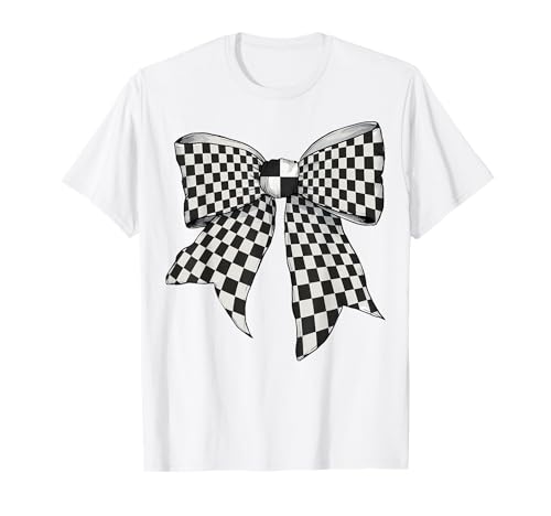 Kariertes schwarz-weißes Muster Mädchen Kokette Schleife Band T-Shirt von Womens Coquette Bow Checkered Checkerboard Gifts
