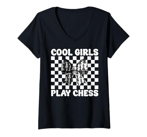 Damen Coole Mädchen Spielen Schachspieler Master Coquette Bow T-Shirt mit V-Ausschnitt von Womens Coquette Bow Chess Player Master Gifts