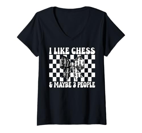 Damen Ich mag Schach und vielleicht 3 Leute, Schachspieler, Master Chess Girl T-Shirt mit V-Ausschnitt von Womens Coquette Bow Chess Player Master Gifts