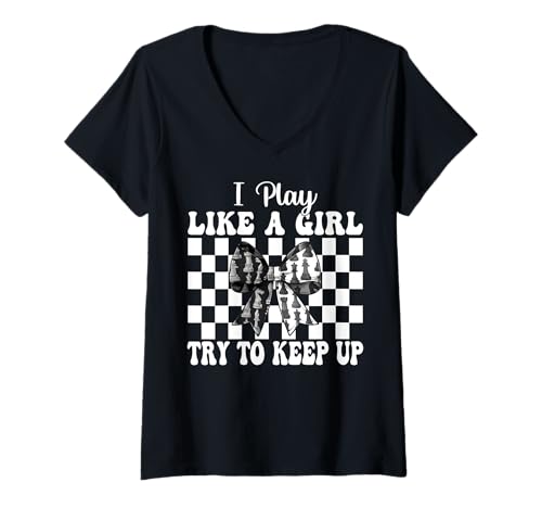 Damen Schachspieler Master Chess Girl Coquette I Play Like A Girl T-Shirt mit V-Ausschnitt von Womens Coquette Bow Chess Player Master Gifts