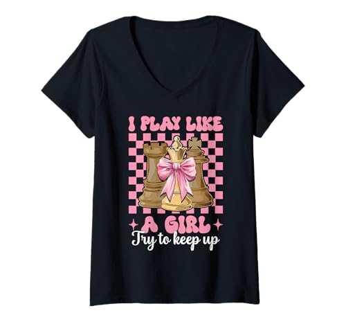 Damen Schachspieler Master Chess Girl Coquette I Play Like A Girl T-Shirt mit V-Ausschnitt von Womens Coquette Bow Chess Player Master Gifts