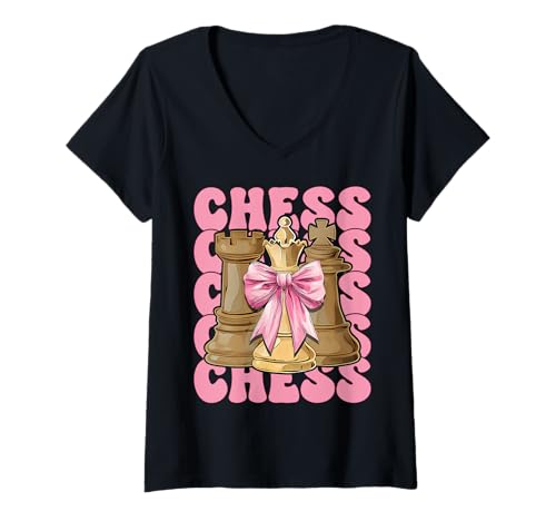 Damen Schachspieler Master Chess Girl Mom Coquette Bow T-Shirt mit V-Ausschnitt von Womens Coquette Bow Chess Player Master Gifts