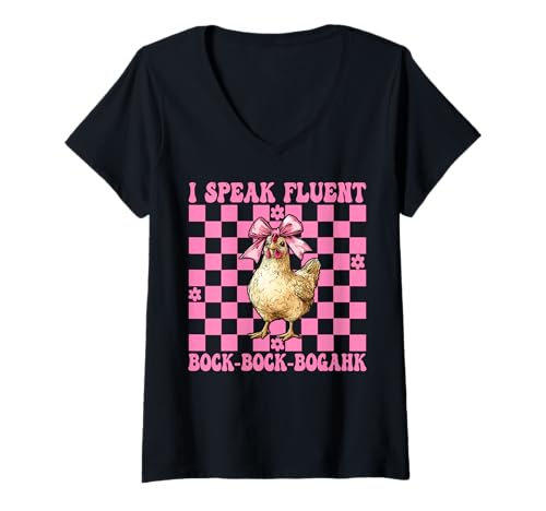 Damen Chicken Farm Chicken Girl Ich spreche fließend Bock-Bock-Bogahk T-Shirt mit V-Ausschnitt von Womens Coquette Bow Chicken Farmer Farming Gifts