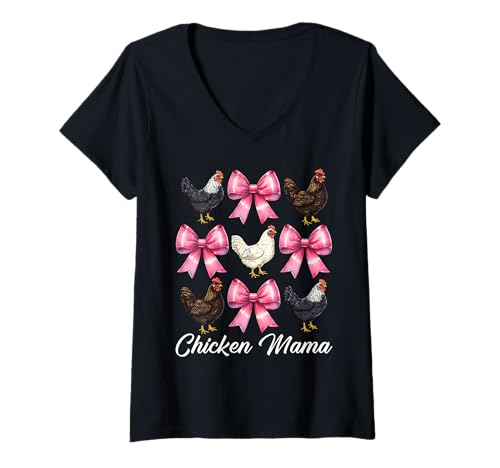 Damen Chicken Mama Mom Chicken Farm Farmer Muttertag Kokette T-Shirt mit V-Ausschnitt von Womens Coquette Bow Chicken Farmer Farming Gifts