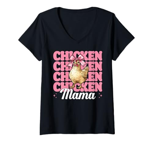 Damen Chicken Mama Mom Chicken Farm Farmer Muttertag Kokette T-Shirt mit V-Ausschnitt von Womens Coquette Bow Chicken Farmer Farming Gifts