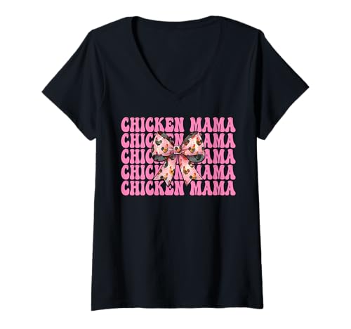 Damen Chicken Mama Mom Chicken Farm Farmer Muttertag Kokette T-Shirt mit V-Ausschnitt von Womens Coquette Bow Chicken Farmer Farming Gifts