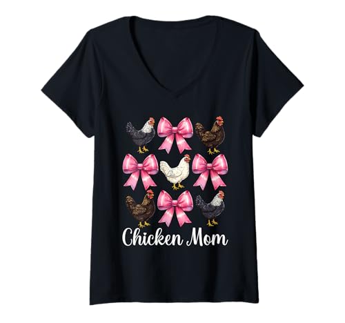 Damen Chicken Mom Mama Chicken Farm Farmer Muttertag Kokette T-Shirt mit V-Ausschnitt von Womens Coquette Bow Chicken Farmer Farming Gifts