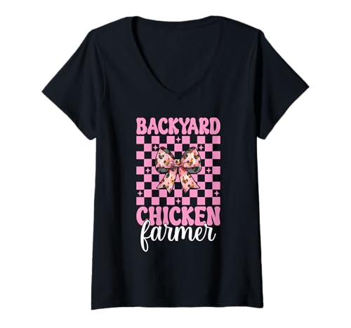 Damen Hinterhof Huhn Farmer Huhn Farm Huhn Mädchen Mama T-Shirt mit V-Ausschnitt von Womens Coquette Bow Chicken Farmer Farming Gifts