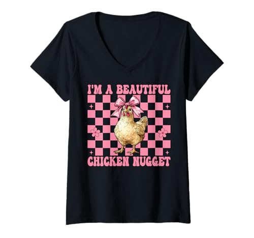 Damen Ich Bin EIN wunderschönes Chicken Nugget Nug Chicken Farm Chicken Girl T-Shirt mit V-Ausschnitt von Womens Coquette Bow Chicken Farmer Farming Gifts