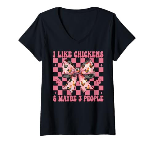Damen Ich mag Hühner und vielleicht 3 Leute Chicken Farm Chicken Girl T-Shirt mit V-Ausschnitt von Womens Coquette Bow Chicken Farmer Farming Gifts