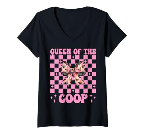 Damen Lustiges Chicken Farm Farmer Chicken Girl Queen of The Coop T-Shirt mit V-Ausschnitt von Womens Coquette Bow Chicken Farmer Farming Gifts