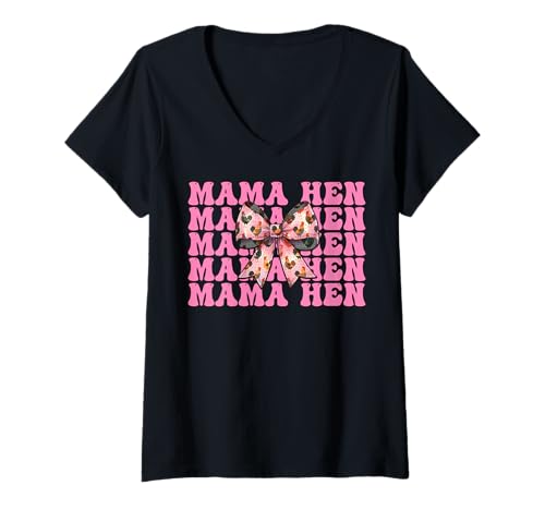 Damen Mama Henne Huhn Mama Hühnerfarm Bauernhof Muttertag T-Shirt mit V-Ausschnitt von Womens Coquette Bow Chicken Farmer Farming Gifts