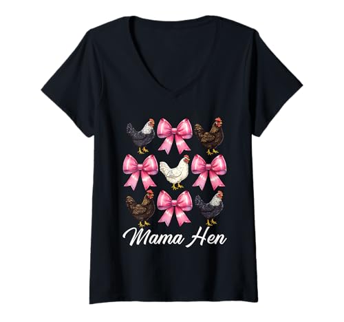 Damen Mama Henne Huhn Mama Hühnerfarm Bauernhof Muttertag T-Shirt mit V-Ausschnitt von Womens Coquette Bow Chicken Farmer Farming Gifts
