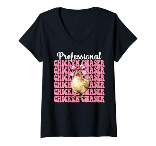 Damen Profi Chicken Chaser Funny Chicken Farm Chicken Girl T-Shirt mit V-Ausschnitt von Womens Coquette Bow Chicken Farmer Farming Gifts