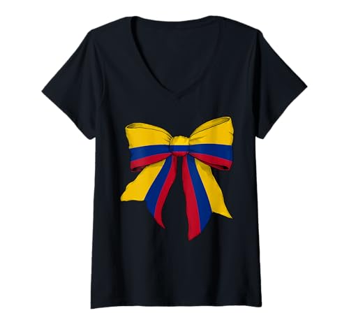 Damen Kolumbien Kolumbien Pride Flagge Mädchen Kokette Schleife Band T-Shirt mit V-Ausschnitt Damen Kolumbien Kolumbien Pride Flagge Mädchen Kokette Schleife Band T-Shirt mit V-Ausschnitt von Womens Coquette Bow Colombia Heritage Flag Gifts