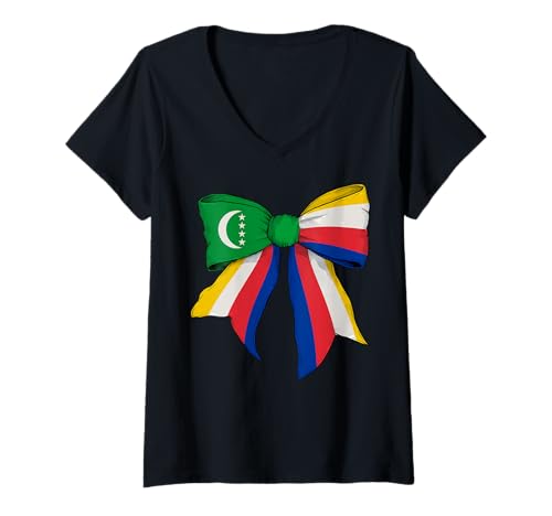 Damen Kokettenschleifenband mit Flagge der Komoren für Mädchen T-Shirt mit V-Ausschnitt von Womens Coquette Bow Comoros Heritage Flag Gifts