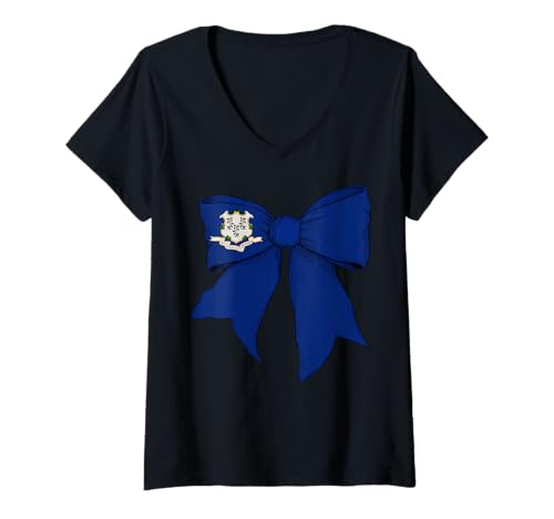 Damen Kokettenschleifenband für Mädchen, Flagge des Bundesstaates Connecticut T-Shirt mit V-Ausschnitt von Womens Coquette Bow Connecticut Heritage Gifts