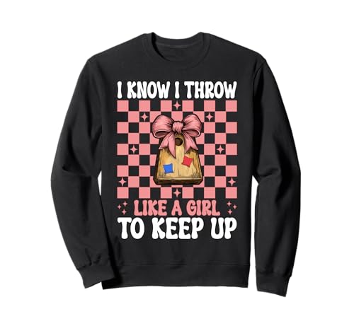Cornhole Player Sitzsack Coquette I Know I Throw Like A Girl Sweatshirt von Womens Coquette Bow Cornhole Player Gifts