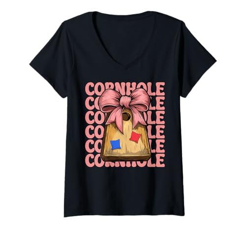 Damen Cornhole Player Sitzsack Girl Mom Pink Coquette Bow T-Shirt mit V-Ausschnitt von Womens Coquette Bow Cornhole Player Gifts