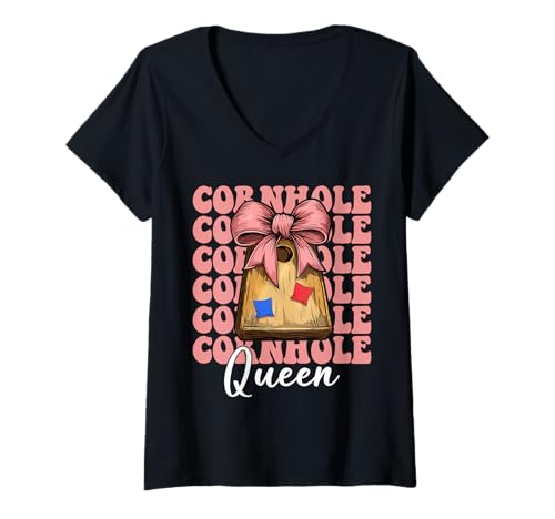 Damen Cornhole Queen Cornhole Player Sitzsack Mädchen Mama Kokette T-Shirt mit V-Ausschnitt von Womens Coquette Bow Cornhole Player Gifts