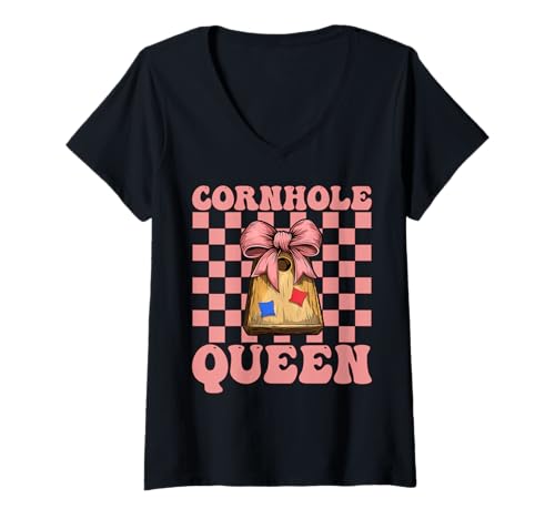 Damen Cornhole Queen Cornhole Player Sitzsack Mädchen Mama Kokette T-Shirt mit V-Ausschnitt von Womens Coquette Bow Cornhole Player Gifts