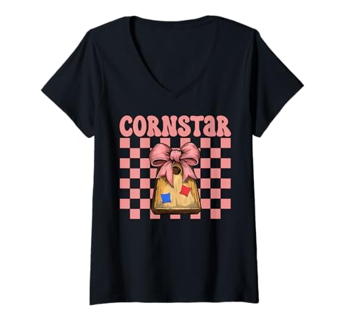 Damen Cornstar Cornhole Player Sitzsack Mädchen Rosa Kokette Schleife T-Shirt mit V-Ausschnitt von Womens Coquette Bow Cornhole Player Gifts