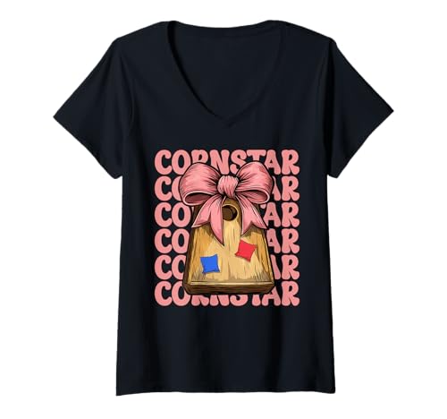 Damen Cornstar Cornhole Player Sitzsack Mädchen Rosa Kokette Schleife T-Shirt mit V-Ausschnitt von Womens Coquette Bow Cornhole Player Gifts