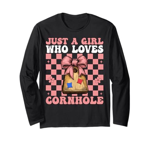 Just A Girl Who Loves Cornhole Player Sitzsack Kokette Schleife Langarmshirt von Womens Coquette Bow Cornhole Player Gifts