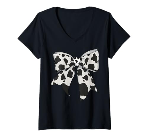 Damen Kuhhautmuster Kuhbauer Kostüm Mädchen Kokette Schleife T-Shirt mit V-Ausschnitt Damen Kuhhautmuster Kuhbauer Kostüm Mädchen Kokette Schleife T-Shirt mit V-Ausschnitt von Womens Coquette Bow Cow Farmer Farming Gifts