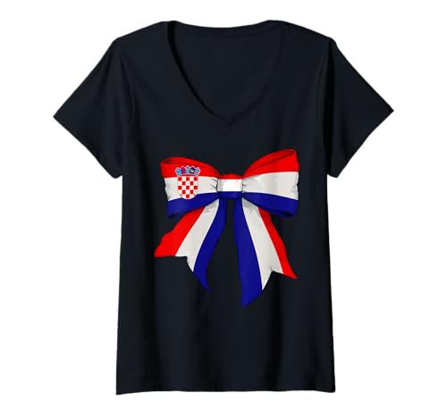 Damen Kroatien Kroatien Stolz Flagge Mädchen Kokette Schleife Band T-Shirt mit V-Ausschnitt von Womens Coquette Bow Croatia Heritage Flag Gifts