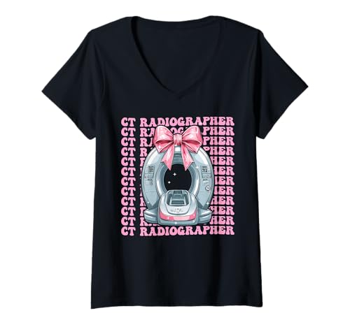 Damen Katzenradiologe CT Tech Radiology Road Tech Mädchen-Kroketten-Bogen T-Shirt mit V-Ausschnitt von Womens Coquette Bow Ct Radiographer CT Tech Gifts