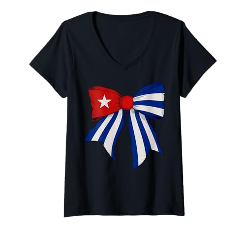 Damen Kuba Kubanischer Stolz Flagge Mädchen Kokette Schleife Band T-Shirt mit V-Ausschnitt von Womens Coquette Bow Cuba Heritage Flag Gifts