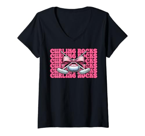 Damen Curling Rocks Stone Player Kokettenbogen für Mädchen, Mama T-Shirt mit V-Ausschnitt von Womens Coquette Bow Curling Stone Player Gifts