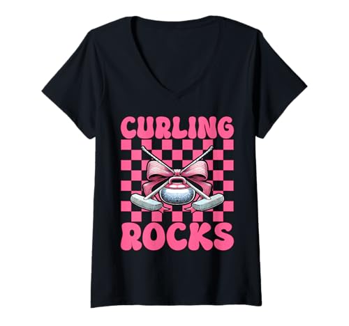Damen Curling Rocks Stone Player Kokettenbogen für Mädchen, Mama T-Shirt mit V-Ausschnitt von Womens Coquette Bow Curling Stone Player Gifts