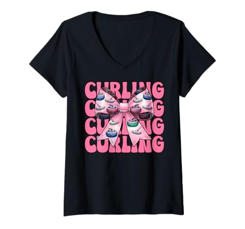 Damen Curling Stone Player Kokettenbogen für Mädchen, Mama T-Shirt mit V-Ausschnitt von Womens Coquette Bow Curling Stone Player Gifts