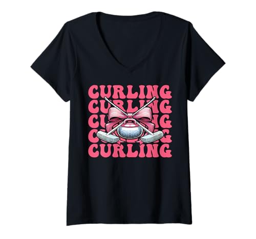 Damen Curling Stone Player Kokettenbogen für Mädchen, Mama T-Shirt mit V-Ausschnitt von Womens Coquette Bow Curling Stone Player Gifts