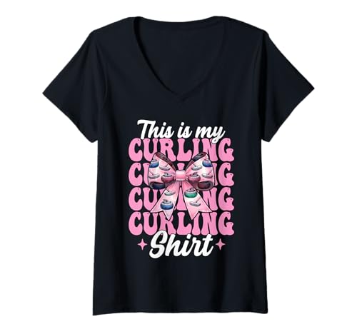 Damen Das ist Mein Curlingshirt Stone Player Girl Mama Coquette Bow T-Shirt mit V-Ausschnitt von Womens Coquette Bow Curling Stone Player Gifts