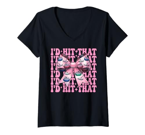 Damen I'd Hit That Curling Stone Player Girl Mama Coquette Bow T-Shirt mit V-Ausschnitt von Womens Coquette Bow Curling Stone Player Gifts