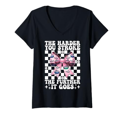 Damen Je härter du streichelst, desto weiter geht es Curling Stone Girl T-Shirt mit V-Ausschnitt von Womens Coquette Bow Curling Stone Player Gifts