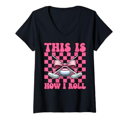 Damen Lockenstein Spieler Mädchen Mama Kokette T-Shirt mit V-Ausschnitt von Womens Coquette Bow Curling Stone Player Gifts