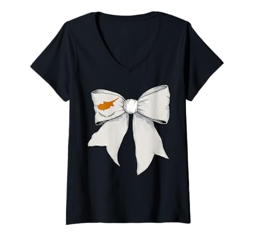 Damen Schleifenband mit Zypern-Flagge für Mädchen T-Shirt mit V-Ausschnitt Damen Schleifenband mit Zypern-Flagge für Mädchen T-Shirt mit V-Ausschnitt von Womens Coquette Bow Cyprus Heritage Flag Gifts